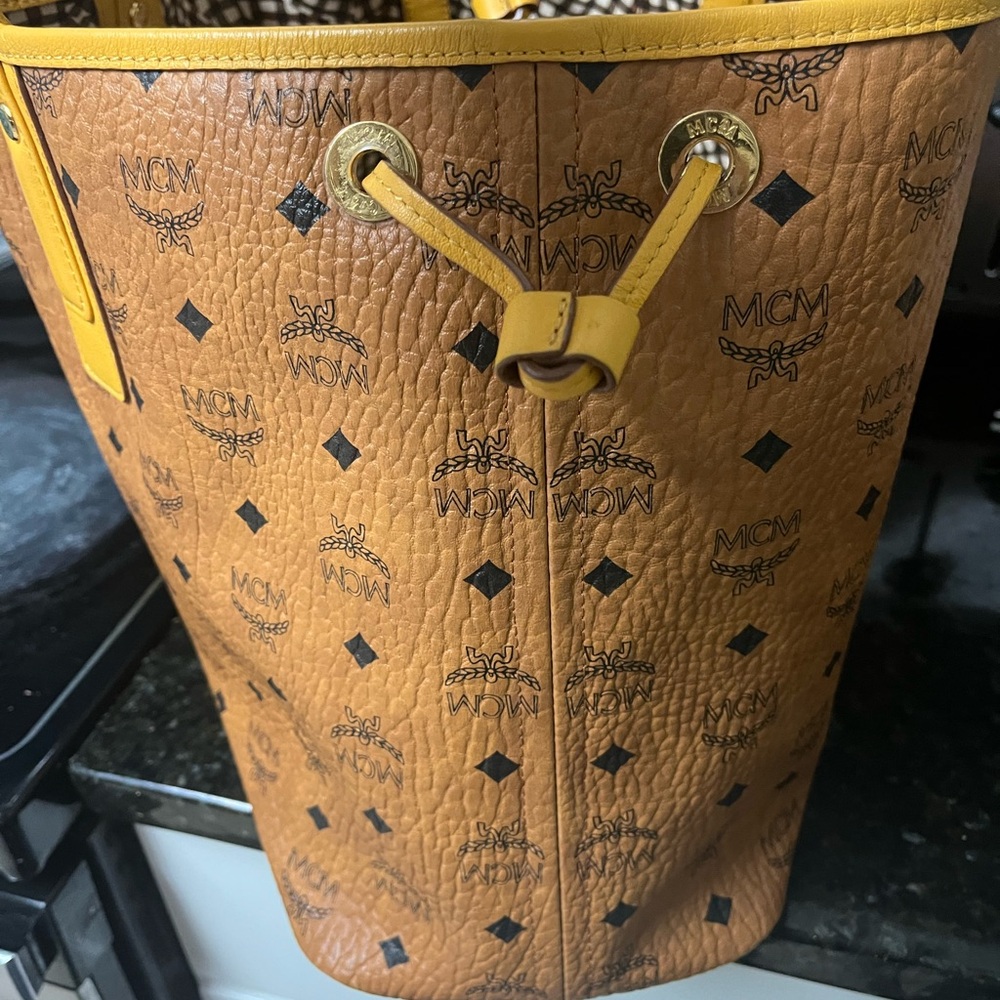 MCM Visetos Shopper Tote Bag Cognac with Signature Monogram- Tan/Yellow - Picture 6 of 12